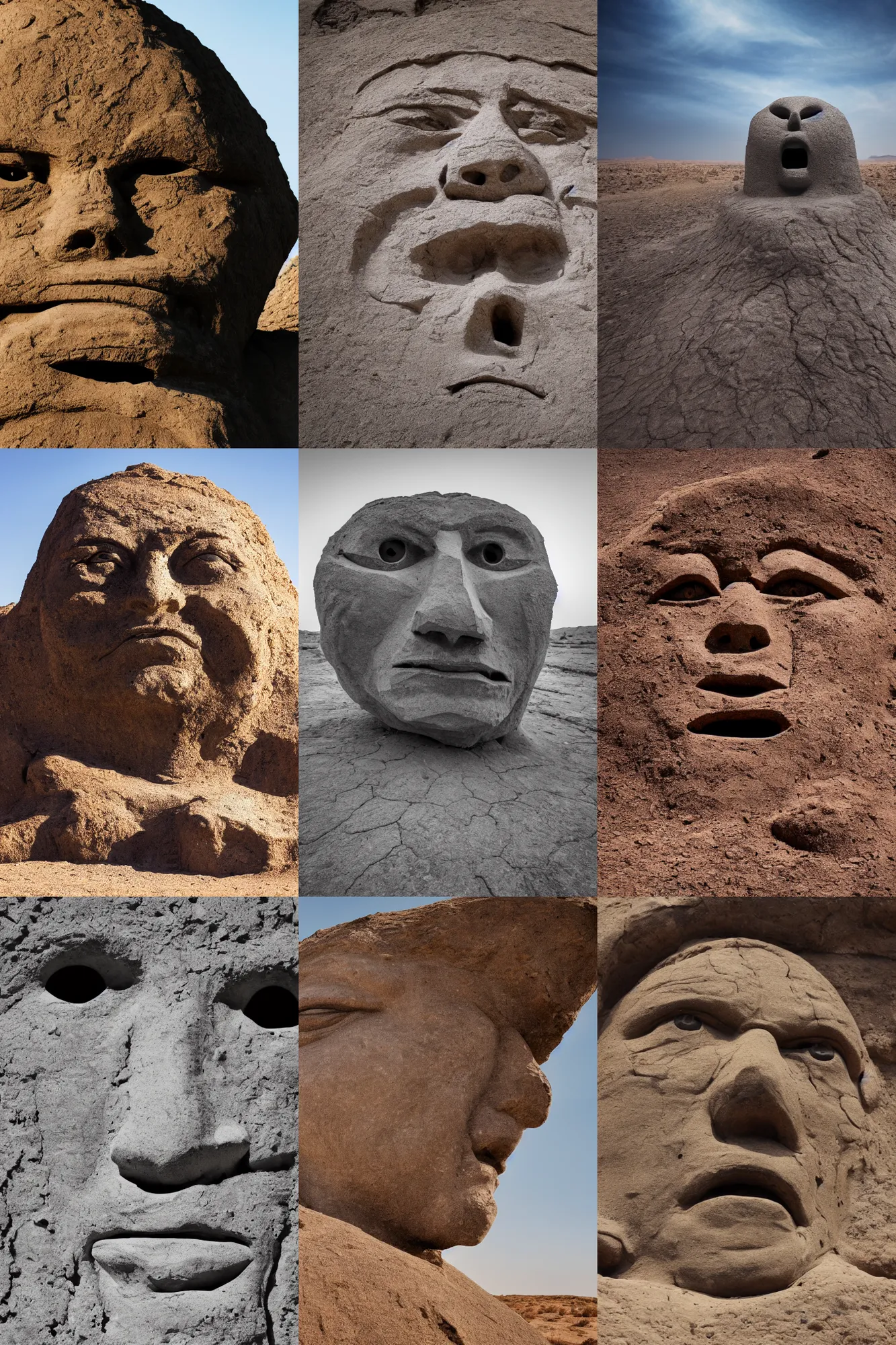 Prompt: a giant face made of stone coming out of the ground in the desert, epic, dramatic, 4 k, high quality