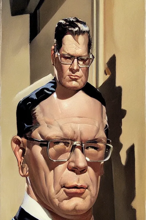 Image similar to kind faced, chubby hank hill, blank expression, painting by jc leyendecker!! phil hale!, angular, brush strokes, painterly, vintage, crisp