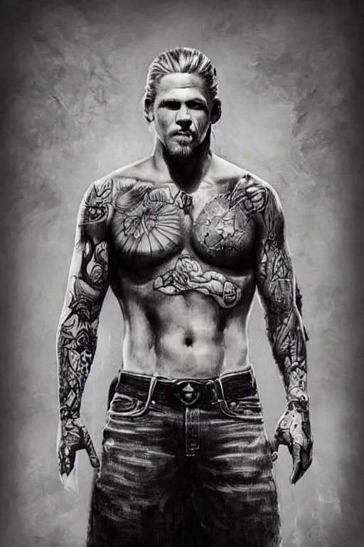 Image similar to Photorealistic Portrait of frontal standing pose torso of a very attractive muscular Jax Teller all his skin covered by dark grim themed tattoos: surrounded by magic lightings overlays, Intricate, concept art, magic lighting overlays, magical portal opened, D&D!, fantasy style, sharp focus!, ultra detailed, art by Artgerm and Peter Andrew Jones, WLUP, Magali Villeneuve