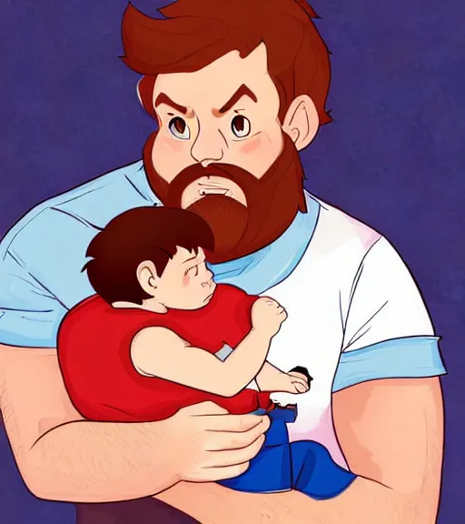 Image similar to a father with short red hair, a short red beard and blue eyes and a chubby face hold his infant son with short brown hair full color digital illustration in the style of don bluth, artgerm, artstation trending, 4 k