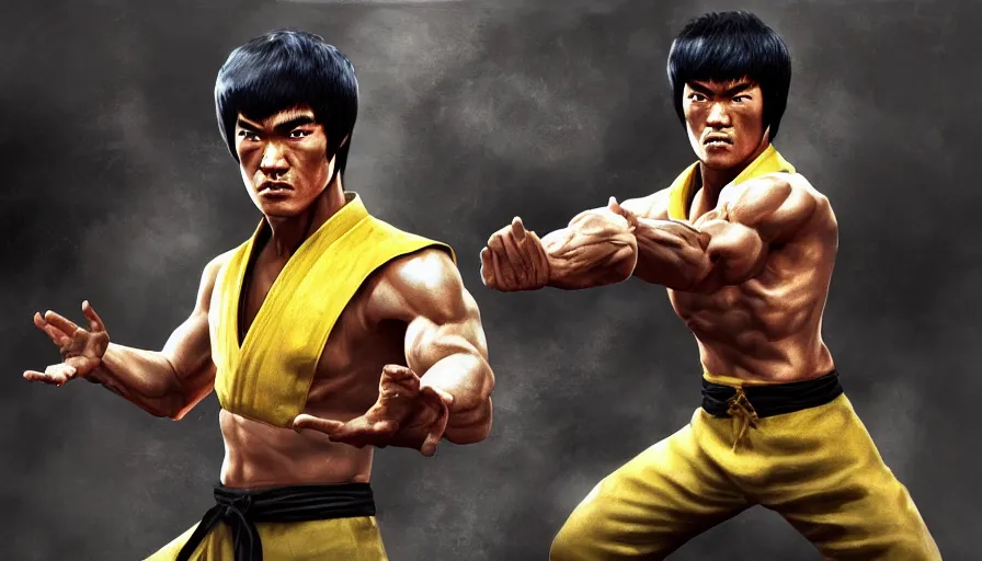 Image similar to Bruce Lee in Mortal Kombat, hyperdetailed, artstation, cgsociety, 8k