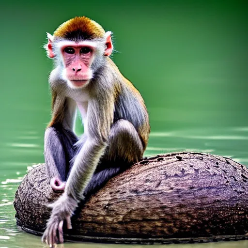 Image similar to nature photograph of a monkey sitting on the back of a turtle. national geographic