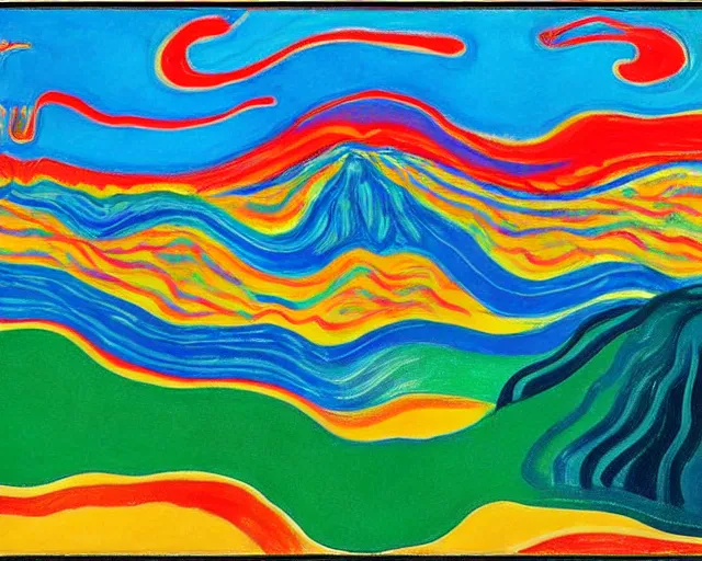 Image similar to Ocean waves in a psychedelic dream world. DMT. Curving rivers. Craggy mountains. Landscape painting by Edvard Munch. David Hockney. Wayne Thiebaud.