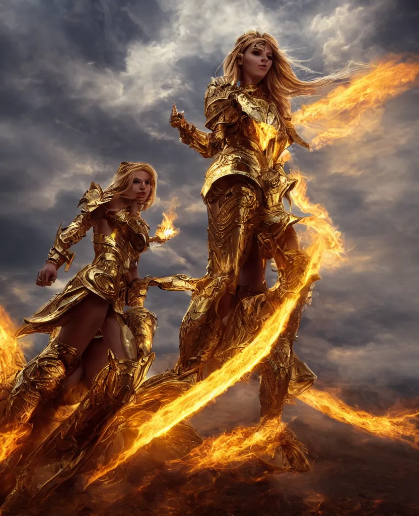 Prompt: Wide shot of a fiercely beautiful woman in golden angelic battle armor and wielding a flaming sword, among the clouds, cinematic, epic, 4k, realism