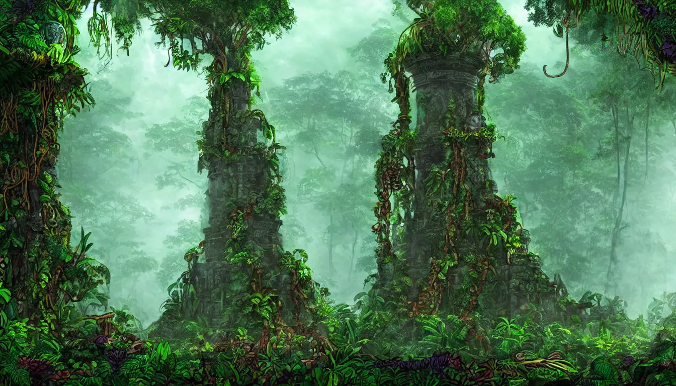 Image similar to entrance to the mayan jungle forest realm of biodiversity , side-scrolling 2d platformer game level, swirling clouds of magical mist in the trees, fantasy vegetation, majestic ancient temple pillar ruins, dramatic dusk sun illuminates areas, volumetric light , detailed entangled roots carpet the forest floor, rich color, upscale , 8k