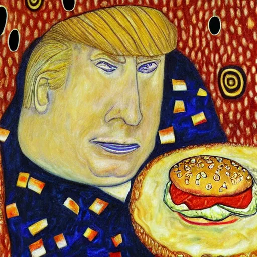 Image similar to donald trump eating a cheeseburger in the style of gustav klimt drawing