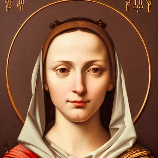 Image similar to Renaissance portrait of a holy catholic female saint, trending on art station, 4k UHD, 8k, painting illustration, high detail by Peter Stephens