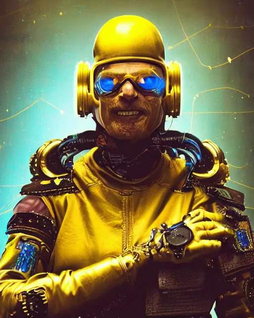 Prompt: an intimate portrait of a gnarly human cyberpunk captain, old skin, cracked helmet, friendly, charming, strong leader, a look of cunning, big smile, detailed matte fantasy painting, golden cityscape, lasers, sparks, yellow and blue and cyan