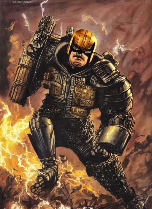 Prompt: full body and head portrait of martyn ford as judge dredd running from the thing, dynamic action, painted by norman rockwell and phil hale and greg staples and tom lovell and frank schoonover and jack kirby