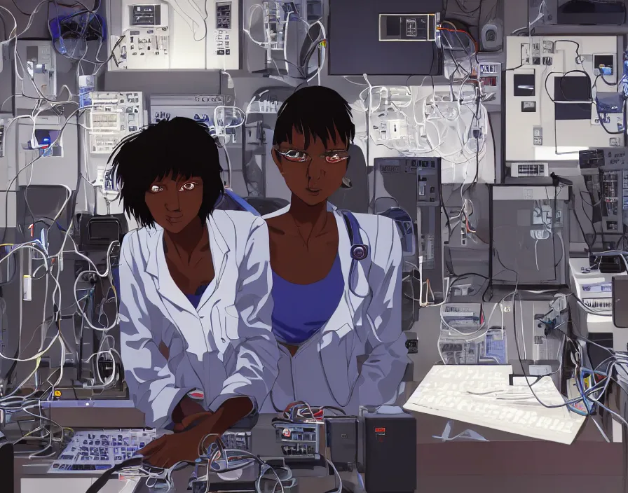 Image similar to dark skin woman wearing a white lab coat with a blue haircut, connected to wires, surrounded by 1 9 8 0 s computers, in the style of serial experiments lain and evangelion 1 9 9 5, dynamic lighting, dark ambience, cell - shaded, detailed face, retro tech