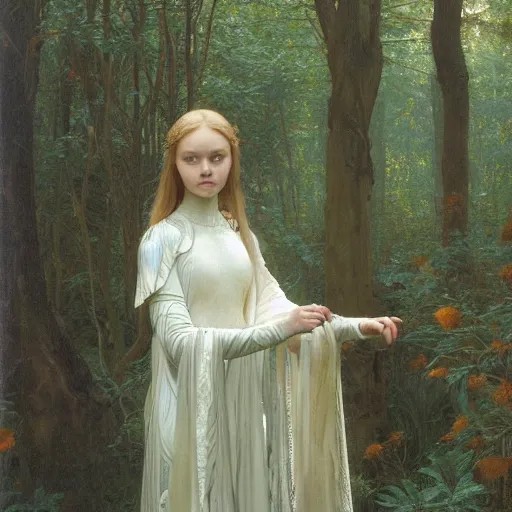 Prompt: a detailed, beautiful portrait oil painting of someone who looks an 1 8 - year old gemma ward, with a hurt expression, wearing intricate, full - plate iridescent armor in an ancient forest, by donato giancola, john williams waterhouse, and william adolphe bouguereau