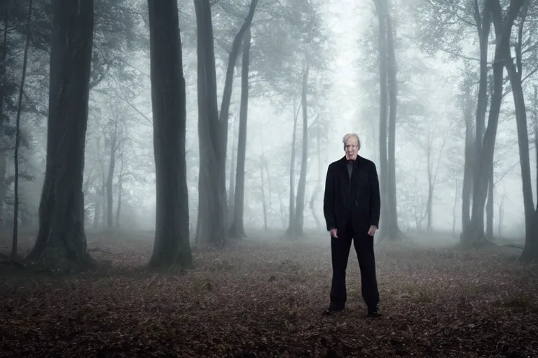 Image similar to a photorealistic cinematic!!! headshot portrait!!! of a skinny evil male scientist, stood in a spooky forest, fog, shrubbery, 8 k, detailed, backlight, deep focus, movie still, moody lighting, by werner herzog