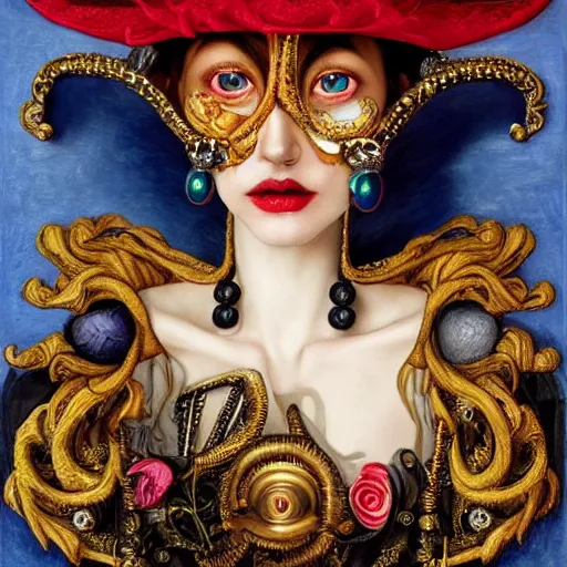 Image similar to Detailed maximalist stunning portrait of gorgeous dark elf with beautiful piercing eyes dressed in a jester’s hat with a monocle, HD mixed media, 3D collage, highly detailed and intricate, masterpiece, award-winning, surreal illustration in the style of Caravaggio, dark art, baroque