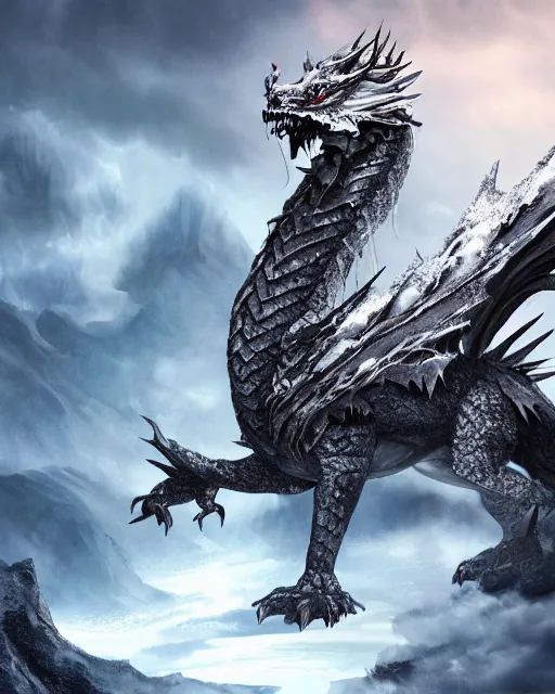 Image similar to giant ice dragon standing on a mountain, highly detailed, 4 k, hdr, award - winning, directed by zack snyder, trending on art station, matte