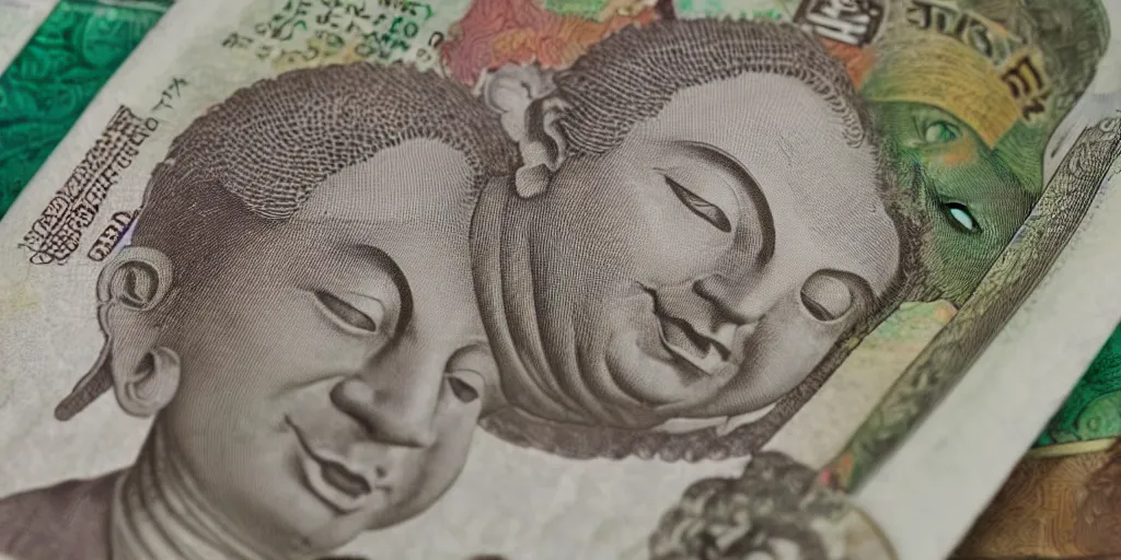 Image similar to 5 dollar bill with a buddha on it, high details