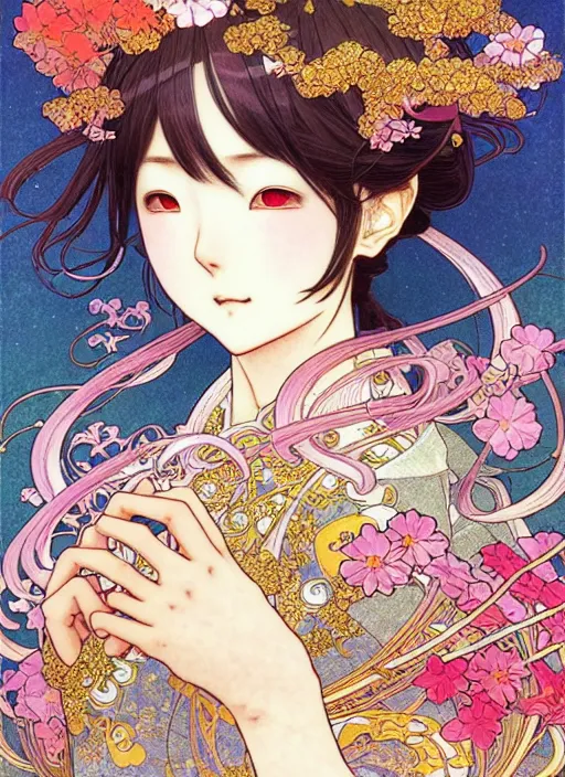 Image similar to exquisite imaginative manga poster art of keqing, genshin impact, flowers, pearlescent, shimmering, reflective, rim light, detailed background, by kojima ayami, akihiko yoshida, minaba hideo, alphonse mucha, art nouveau, illustration, artstation, concept art, highly detailed, colorful, maximalist