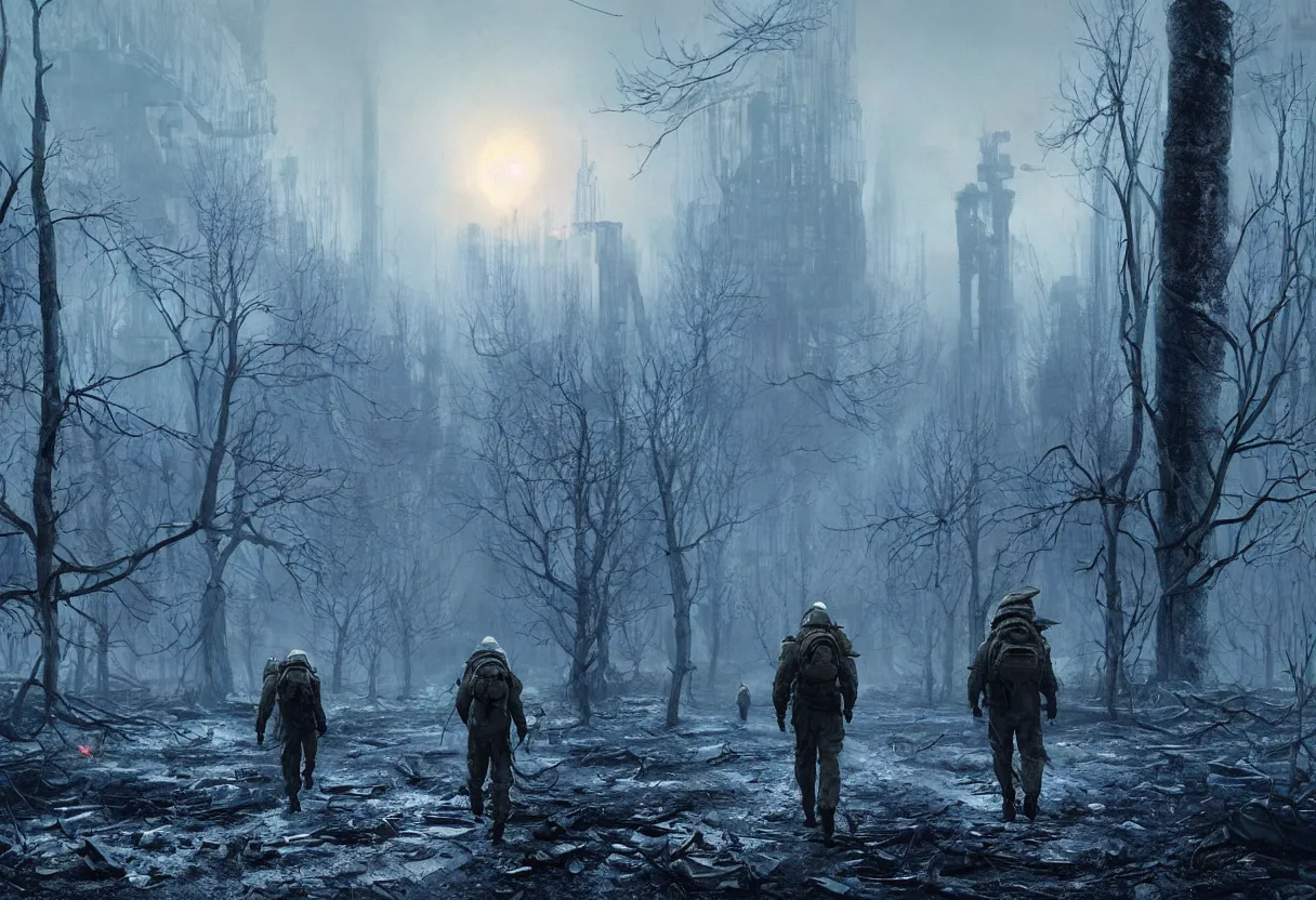 Image similar to chernobyl liquidators walking in postapocalyptic winter alien planet surface, 4 k, high quality, sharp focus, ultra high definition, ultra detailed, symmetry, fog, matte painting, by greg rutkowski and ross tran and wlop