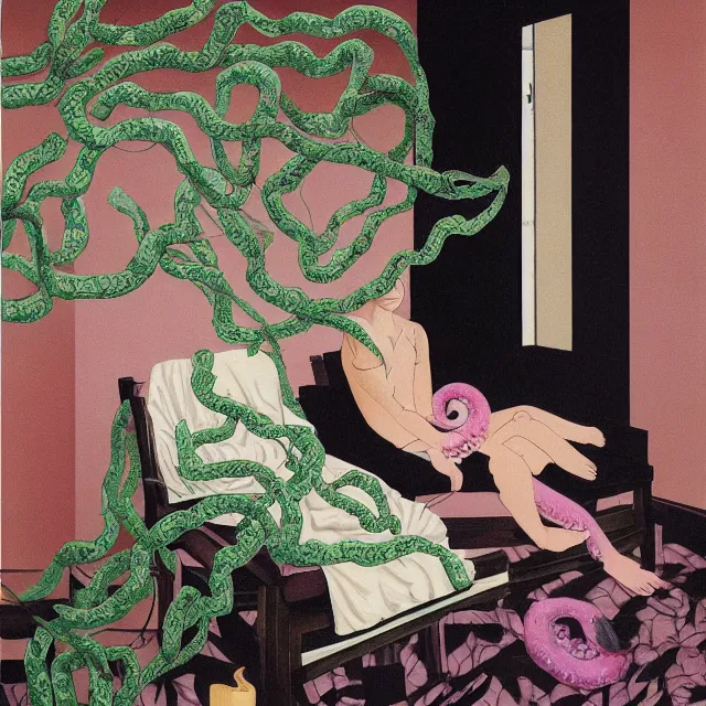 Prompt: a female emo pathology student in her apartment, wrapped in vines, medical equipment, candles, octopus, japanese tea ceremony, pig, black walls, ikebana, black armchair, sculpture, acrylic on canvas, surrealist, by magritte and monet