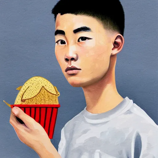 Image similar to dramatic portrait of chinese boy buzz cut, holding a taco, digital painting