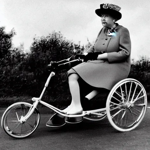 Image similar to queen elizabeth riding a tiny tricycle, color photograph, f8, dramatic angle