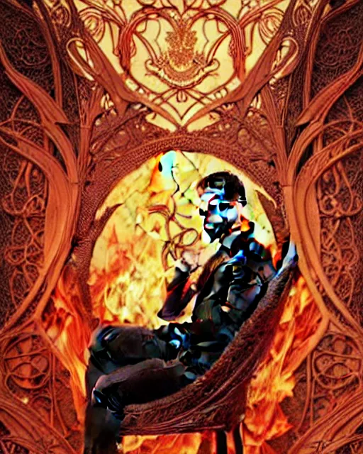Image similar to tom ellis ( lucifer ) portrait sitting in a burning chair, art nouveau, fantasy, intricate flower designs, elegant, highly detailed, sharp focus, art by artgerm and greg rutkowski and wlop