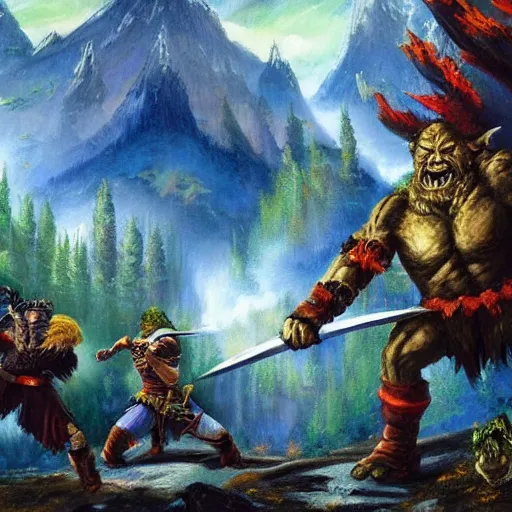 Image similar to Fantasy battle between Orcs and Elves, painted by Bob Ross