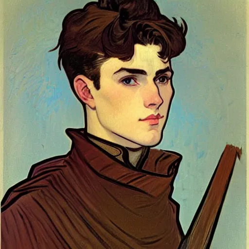 Image similar to portrait painting of young adult handsome human knight with short on the sides messy pompadour dark brown hair and blue eyes and strong jawline and small scar! under one eye named vidar, wearing armor!!, modest, masculine jawline!, squarish face shape, slightly round chin, art by alphonse mucha, vincent van gogh, egon schiele