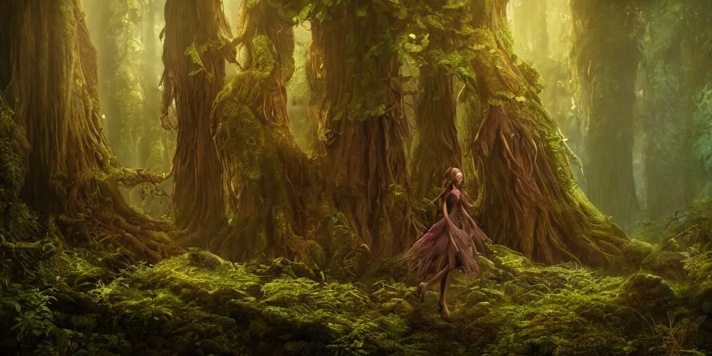 Image similar to detailed matte painting of a magical dryad witch in a redwood forest, dramatic lighting and composition, highly detailed, spells, magic, surreal background, octane render, pixar, trending on artstation, concept art, comic book, volumetric lighting 8 k