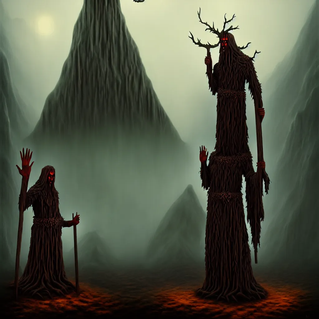 Image similar to evil druid ritual, wooden statue, dark mountain background, a detailed matte painting, fantasy, foggy, grim, dark, oil on canvas