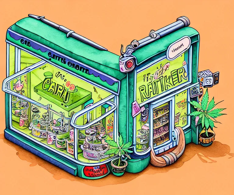 Image similar to cute and funny, a tiny cannabis shop, ratfink style by ed roth, centered award winning watercolor pen illustration, isometric illustration by chihiro iwasaki, edited by craola, tiny details by artgerm and watercolor girl, symmetrically isometrically centered