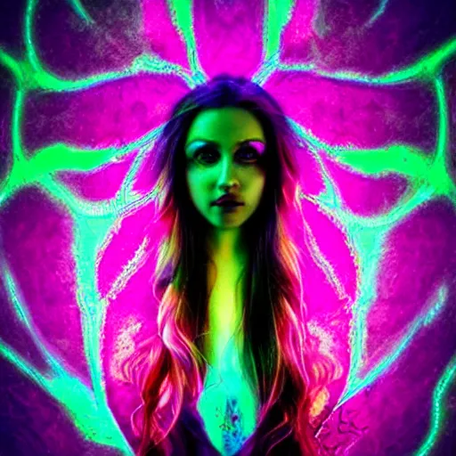 Image similar to incredible digitized fractalizing infinity girl of innocence and macabre intent eyes glowing iridescent volumetric neon