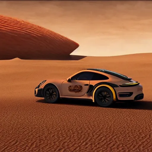 Image similar to a porsche 911 escaping from a huge sandworm in the planet of arrakis from Denis Villeneuve\'s movie Dune (2021)