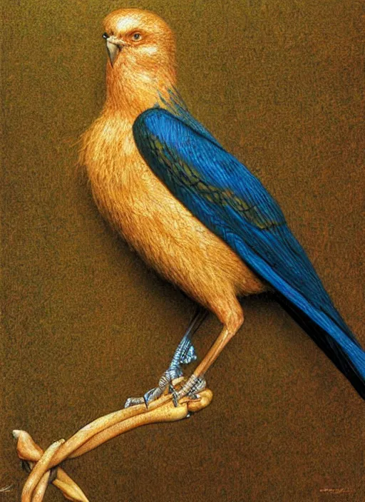 Prompt: a bird with two human hands, hyperrealism, no blur, 4 k resolution, ultra detailed, style of carlos schwabe