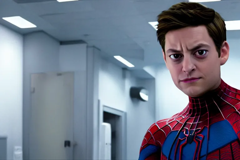 Image similar to Marvel Raimiverse Peter Parker played by Tobey Maguire working at a laboratory ultra realistic, 4K, movie still, UHD, sharp, detailed, cinematic