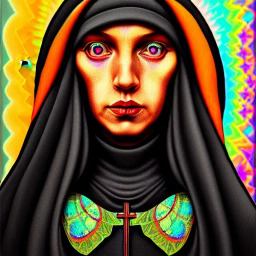 Image similar to ! dream an extremely psychedelic portrait of a nun, surreal, lsd, face, detailed, intricate, elegant, lithe, highly detailed, digital painting, artstation, concept art, smooth, sharp focus, illustration