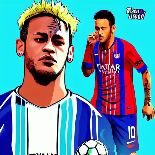 Prompt: Neymar Jr in the style of a GTA V loading screen, illustrated by Stephen Bliss, trending on artstation