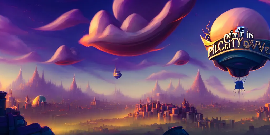 Image similar to the city in the of piltover, in the style from netflix's arcane, blimps in the sky, blue skies, soft clouds, trending on artstation