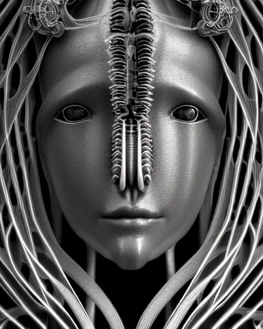 Image similar to mythical black and white organic bio-mechanical spinal ribbed profile face portrait detail of mechanical beautiful female angelic-vegetal-cyborg, highly detailed, intricate steampunk ornate, poetic, 3D render, digital art, octane render, 8K artistic photography, photo-realistic, by Dora Maar