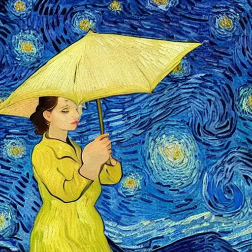 Image similar to girl with an umbrella girl with an umbrella. a walk inside a van gogh painting is a starry night. inside the painting. see everything from the inside. clearly detailed. dramatic.