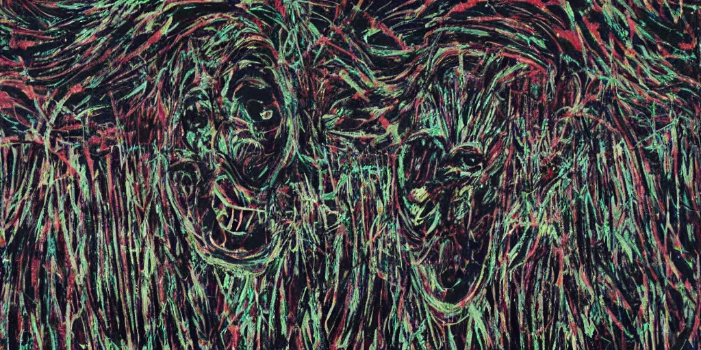 Image similar to camo made of teeth, smiling, abstract, francis bacon artwork, tribal, neon, cryptic, dots, stipple, lines, splotch, color tearing, pitch bending, faceless people, dark, ominous, eerie, minimal, points, technical, old painting