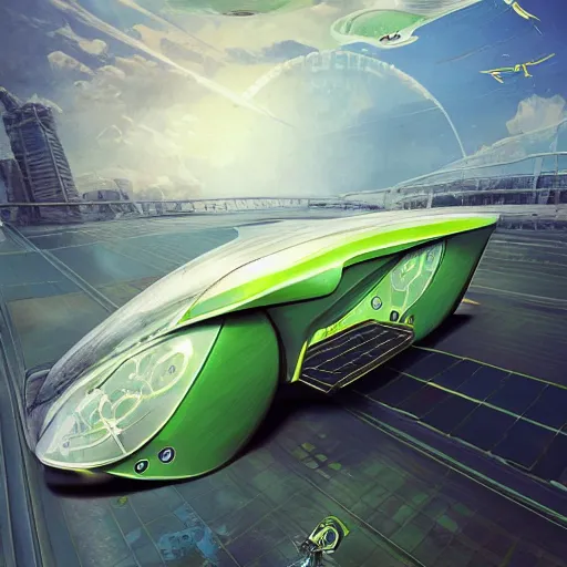 Prompt: solarpunk hovercar, clean energy, green technology, batoidea shape, airspace, sunny day, futurism, intricate, engines, autonomous, highly detailed, peaceful, utopia, bright, digital painting, advanced, artstation, concept art, smooth, sharp focus, epic landscape, art by akihiko yoshida and tim mcburnie and anato finnstark