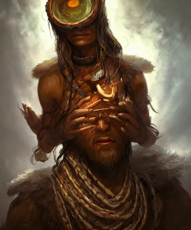 Image similar to Neolithic shaman wearing Oculus Virtual Reality set, prehistoric, realistic character concept art, full body portrait painting, DeviantArt Artstation, by Jason Felix by Steve Argyle by Tyler Jacobson by Peter Mohrbacher, cinema