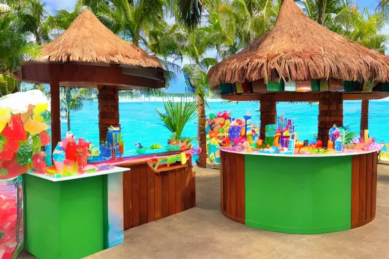 Prompt: poolside Tiki bar made of gummy candy