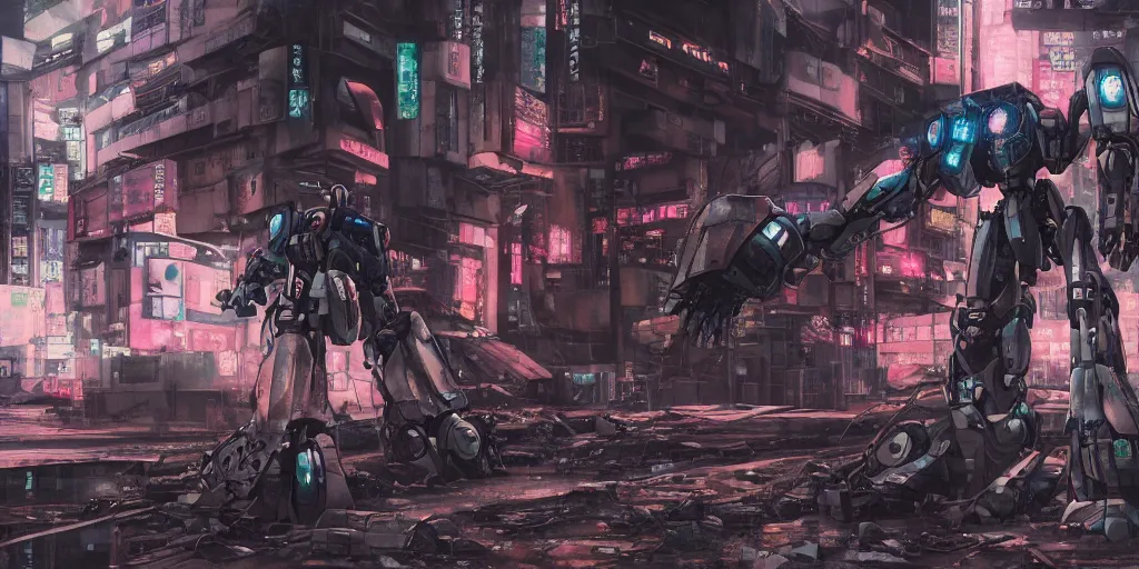 Image similar to a giant robot mecha lies broken in a deserted shinjuku junk town, anime, watercolor, ghost in the shell, soft bloom lighting, paper texture, movie scene, cyberpunk, animatronic, black smoke, pale, beige sky pencil marks, hd, 4k, remaster, dynamic camera angle, deep 3 point perspective, fish eye, dynamic scene