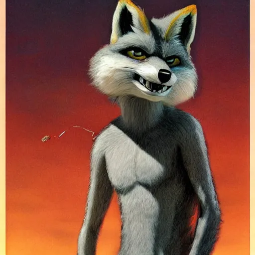 Image similar to a portrait of fox mccloud posing proudly, suspenseful, anthropomorphic furry art, star fox, by jim burns, vincent di fate, and peter elson