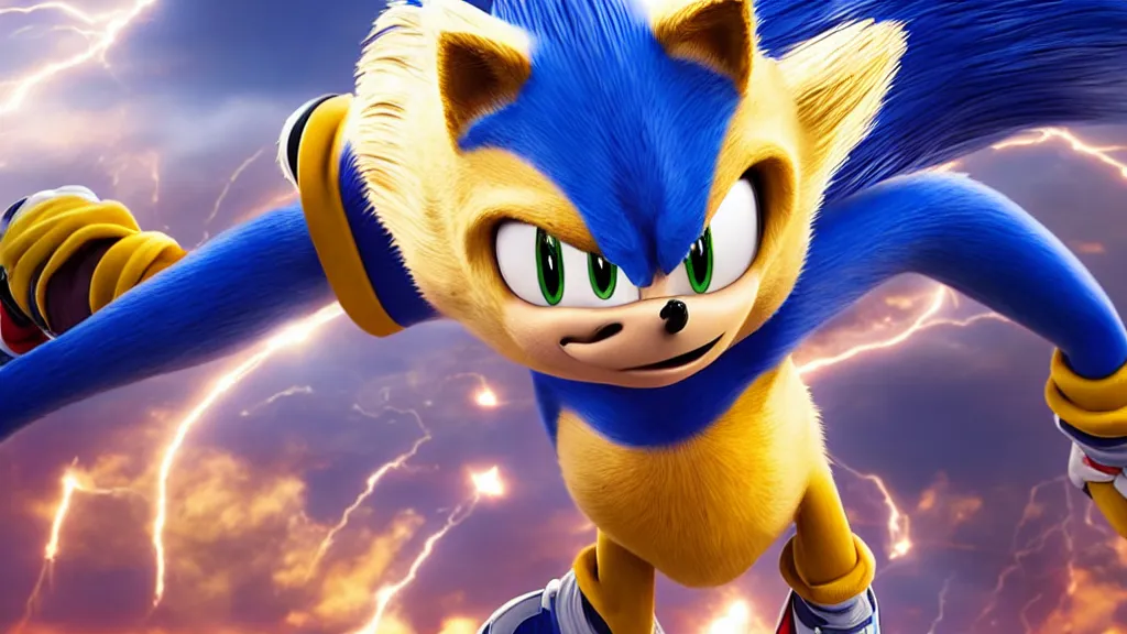 Prompt: Emma Watson as Sonic the Hedgehog, film promotional still, CGI, lensflares, panaflex widescreen, michael bay,
