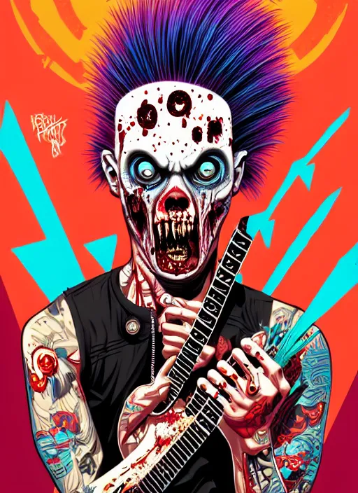 Image similar to a zombie punk rocker with a mohawk holding an electric guitar, tristan eaton, victo ngai, artgerm, rhads, ross draws