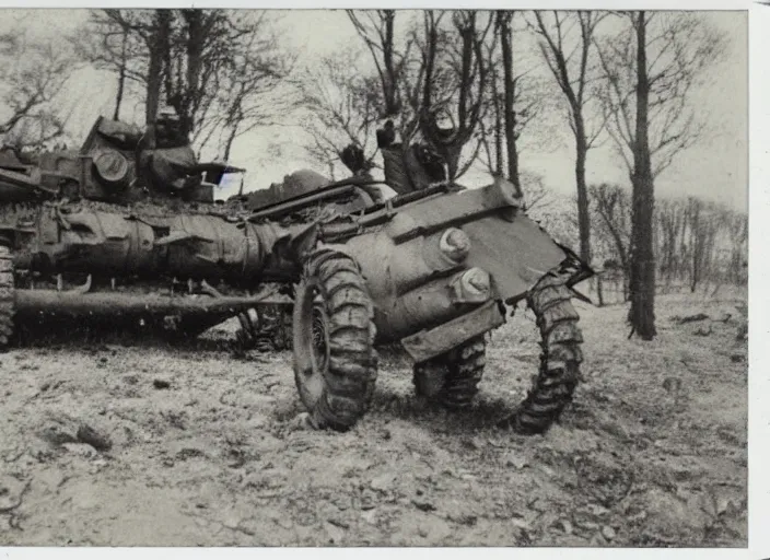 Image similar to found polaroid picture of a world war two crawling mech war machine and german soldiers
