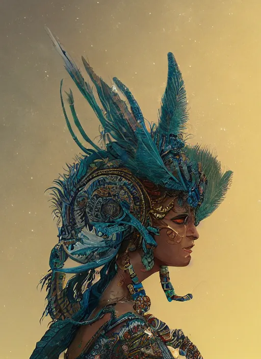 Image similar to an anton pieck portrait of a goddess, 8 k micro details beautiful intricate highly detailed quetzalcoatl skull and feathers. fire, galaxy, artwork by tooth wu and wlop and beeple and greg rutkowski, trending on artstation,