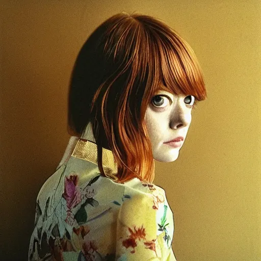 Prompt: “ emma stone portrait by ichiro tsuruta, drawing, realistic, sharp focus, japanese, dreamy, nostalgia, faded, golden hues, floral clothes ”